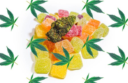 Photo for Medical Marijuana Edibles, Candies Infused with CBD HHC or THC Cannabis on white background with leafs - Royalty Free Image