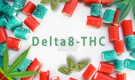 Photo for Delta-8-THC Cannabis products flat lay buds and gummy candies on white - Royalty Free Image