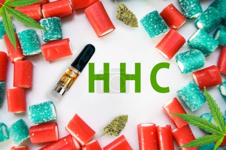 Photo for Synthetic Cannabis products flat lay HHC vape cartridge buds and gummy candies on white - Royalty Free Image