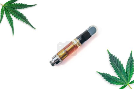 Photo for Vape cartridge with cannabis oil distillate with Marijuana leafs isolated on white - Royalty Free Image