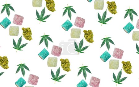 Cannabis gummy edibles flower buds and leafs isolated on white