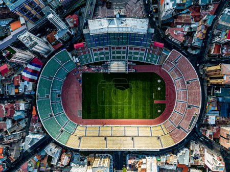 Photo for La Oaz, Bolivia, 01162023 - La Paz football soccer field as seen from aerial view. - Royalty Free Image