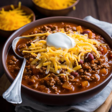 Photo for Bowl of chili covered with cheese with spoon - Royalty Free Image