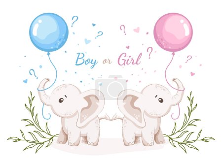 Illustration for Boy or girl. He or she. Gender reveal invitation or banner template with baby elephants and helium balloons. Vector illustration - Royalty Free Image