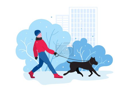 Ein Junge geht mit einem Hund in einem Winterpark spazieren. Walk Your Dog Month. Männer, die in einem Park einen Hund an der Leine führen. Vektorillustration