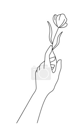 Foto de Una mano sosteniendo una flor. Mínima mano lineal boho con flor. Logotipo vectorial para artesanías, joyas, cosméticos, salón de belleza, masajes, ilustraciones de concepto de boda. Marca de fábrica - Imagen libre de derechos