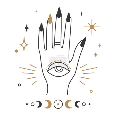 Foto de Mano femenina con ojo mágico y estrellas. La mano de una mujer y un ojo que todo lo ve. Ilustración vectorial aislada sobre fondo blanco. Símbolo esotérico y místico - Imagen libre de derechos