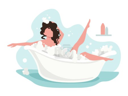Illustration for Girl taking a bath with foam. Woman in a bath. Hygiene and beauty. National Bubble Bath Day - Royalty Free Image