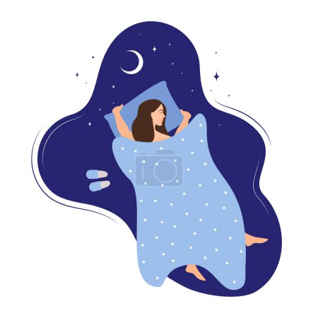 Téléchargez les illustrations : National Bed Month. World sleep day. Quality sleep, moon, stars - flat design - en licence libre de droit
