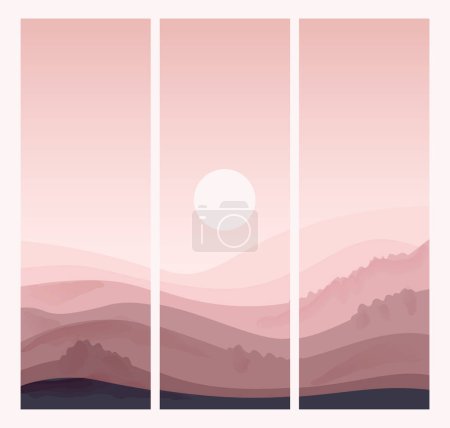 Foto de Three posters with a mountain landscape and sunset or sunrise. Vector illustration for backgrounds, wallpapers, wall decorations, flyers or brochures, cover design, stories, social media, app design - Imagen libre de derechos