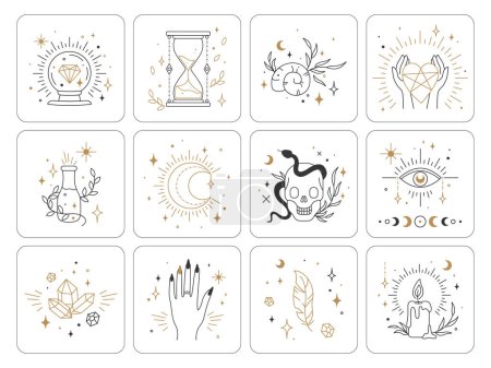 Foto de Alchemy, occult tarot card magical esoteric symbols. Ethnic esoteric collection with moon, stars, hands, crystals, plants, eye, shell, potion, skull with snake. Vector illustration - Imagen libre de derechos