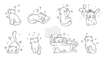 Foto de Cat in love, playful, sleeping, bathing, curious, angry doodle vector set on white background. Happy international cat day - Imagen libre de derechos