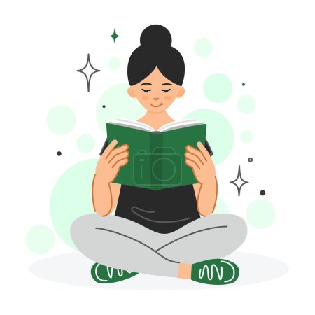 Téléchargez les illustrations : Young woman reading a book. Literacy day concept. National Reading Day in America. Study, training, concept of self-education. Student reading literature, textbook. Isolated vector flat illustration - en licence libre de droit