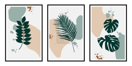 Foto de 3 botanical posters for the interior. Vector background, tropical leaves, abstract shapes. Home decor, framed wall prints, canvas prints, posters - Imagen libre de derechos