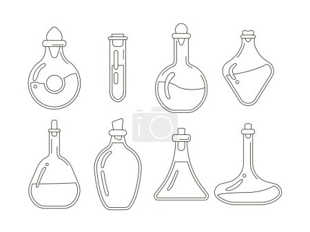 Foto de Vector doodle conjunto de tubos mágicos y botellas de vidrio con pociones de amor. Ilustración vectorial. Laboratorio científico, química - Imagen libre de derechos