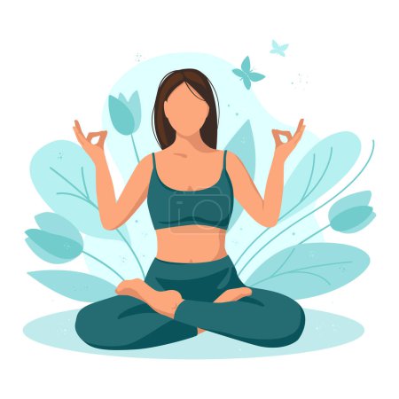 Foto de Yoga, meditación, relajación, descanso, estilo de vida saludable, zen, concepto de armonía. Ilustración vectorial en estilo plano de dibujos animados - Imagen libre de derechos