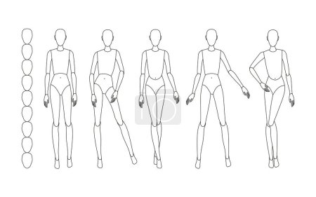 Foto de Plantilla de contorno de moda para bocetos técnicos de moda. Modelos en diferentes poses, ilustración vectorial - Imagen libre de derechos