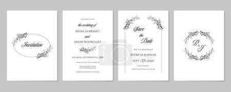 Ilustración de Elegante invitación de boda Guardar la plantilla Fecha con silueta de rama con hojas. Botánico rústico verde de moda - Imagen libre de derechos