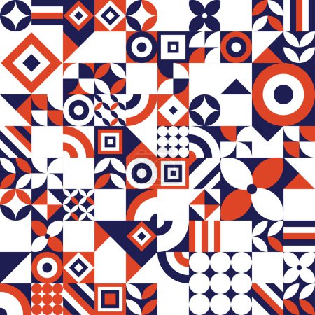 Foto de Fondo abstracto de mosaico de moda en estilo Bauhaus. Arte retro con círculo, triángulo, rayas y cuadrado. Ilustración vectorial para folletos, portadas, carteles, volantes - Imagen libre de derechos