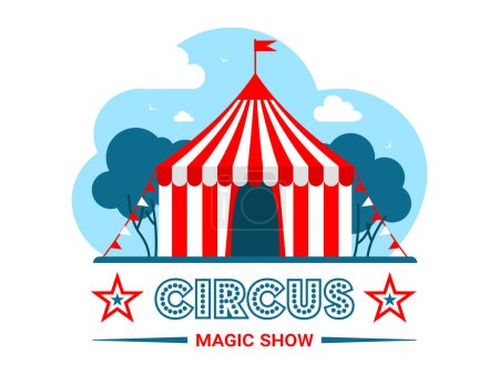 Foto de Tienda de carpa de circo con banderas. Cartel publicitario. Ilustración plana vectorial aislada en blanco - Imagen libre de derechos
