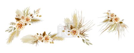 Pampas grass, Dried palm leaves, rosesVector isolated illustrations. Botanical decoration elements for Save the Date, wedding invitations, postcards, frames, border