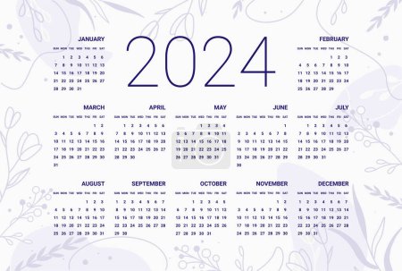 Foto de Plantilla de calendario para 2024. Diseño horizontal con un suave fondo botánico abstracto. La semana comienza el domingo. Ilustración vectorial - Imagen libre de derechos