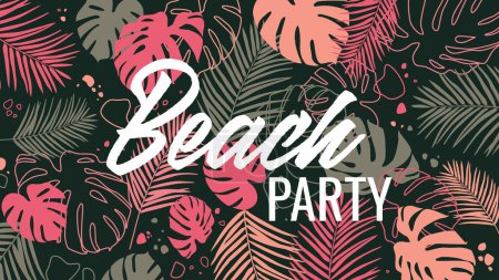 Beach party banner with bright tropical leaves. Summer party. Beautiful jungle exotic party invitation, banner, flyer, advertisement Poster template. Vector illustration
