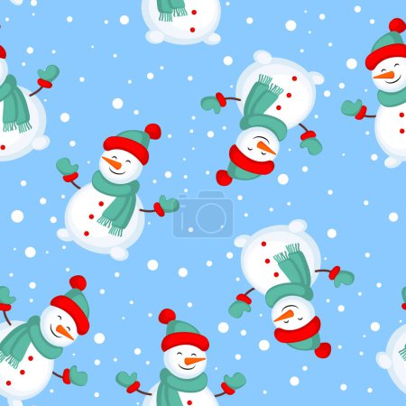 Foto de Navidad y Año Nuevo repiten la ilustración con un muñeco de nieve sobre un fondo azul. Patrón de invierno, invitación de vacaciones, tarjeta de felicitación, papel pintado, papel de regalo, fondo de página web - Imagen libre de derechos