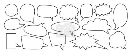 Empty speech boxes, chat message icons, thinking signs. Outline vector illustrations isolated on white background