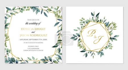 Foto de Elegante tarjeta de invitación de boda acuarela con hojas verdes. vector de decoración floral para guardar la fecha, saludo, gracias, rsvp, etc - Imagen libre de derechos