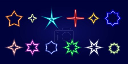 Foto de Estrellas de neón brillantes aisladas sobre un fondo oscuro. Efecto de luz colorido. Brillantes formas de estrellas iluminadas. Fiesta de moda. Ilustración vectorial - Imagen libre de derechos