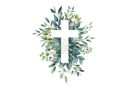 Foto de Eucalyptus botanical greenery and cross. Invitación al Bautismo. Cruz de Pascua. Bautizo. Espíritu Santo. Religioso. Bautismo Bautizo Invitación - Imagen libre de derechos