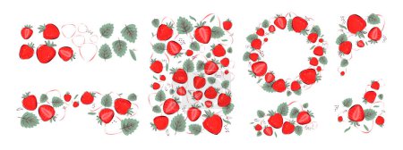 Foto de Adorno de frutas de fresa. Fronteras, esquinas, marcos, corona. Elementos de diseño de jardín de verano para invitación, baby shower, tarjetas de felicitación, banner publicitario, textil, telón de fondo, envoltura, embalaje - Imagen libre de derechos