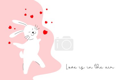 Foto de San Valentín. El amor está en el aire. Adorable personaje de conejito con corazones rojos. Imprimir para camiseta, camiseta, sudadera, pegatina, saludo, cumpleaños, invitación, tarjetas de amor, póster - Imagen libre de derechos