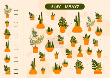 Téléchargez les illustrations : Comptez combien de plantes d'intérieur dans des pots. Puzzle de mathématiques. Une tâche de comptage. Jeu mathématique éducatif pour la maternelle, préscolaire, école - en licence libre de droit