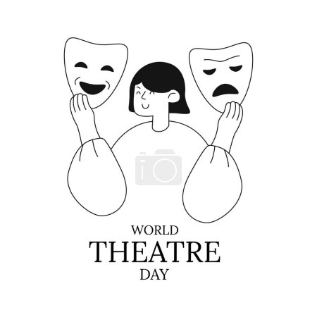 Woman and theatrical masks, World Theater day. Vector template for social media post , posters, greeting cards, banners, brochures