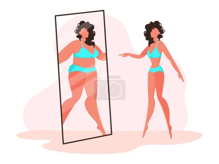 Slim woman looking in mirror and seeing fat herself as overweight woman. Anorexia. Self hate, body shaming, dissatisfaction with appearance. Eating disorder or psychological frustration