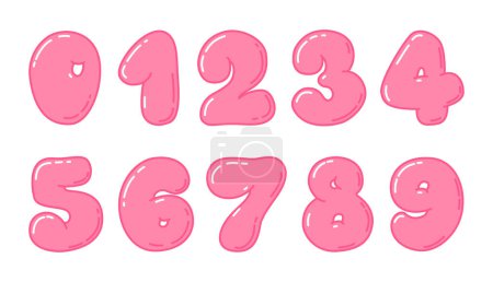 Números rosa estilo burbuja de 0 a 9. Dígitos rellenitos infantiles. Estilo Y2K. Juego de matemáticas preescolares, hitos, tarjetas de cumpleaños. Ilustración vectorial aislada sobre fondo blanco