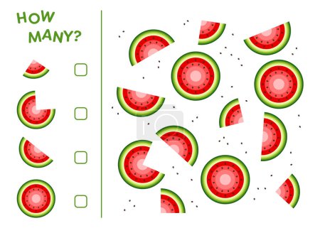 Mathematical game for preschool children, kindergarten. Calculation for children. Count how many watermelons. Learning numbers, mathematic. Mathematics puzzle.  Counting task