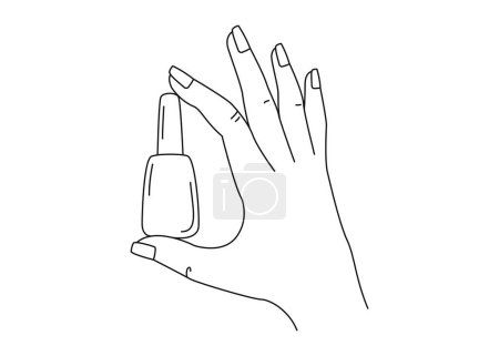 Linear drawing of a hand and nail polish. Woman's hand holding bottle of nail polish. Manicure. Illustration for a beauty salon