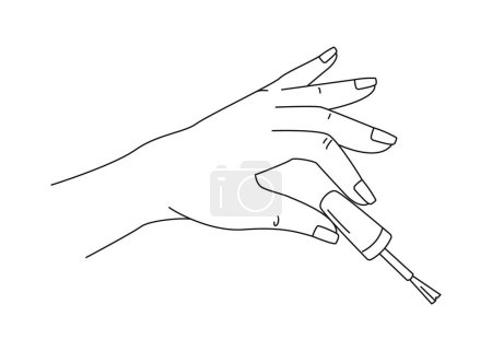 Elegant womans hand holds a nail polish brush. Manicure concept, logo for a beauty salon. Line art isolated vector illustration