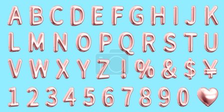 Photo for 3D illustration of left leaning english letters, numbers and symbols light pink balloon isolated on sky blue background. Suitable for party and holiday theme decoration. - Royalty Free Image