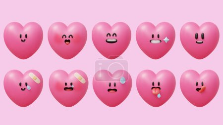 3D adorables éléments de forme de coeur avec différentes expressions faciales isolées sur fond rose clair.