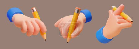 Photo for 3D cartoon hand gesture icon set of hands with pencils in different angles. Suitable for social media or app use. - Royalty Free Image
