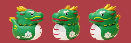 3D lindo juguete dragón oriental de dibujos animados en diferentes ángulos aislados sobre fondo rojo oscuro.