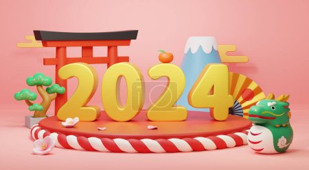 3D de oro 2024 en el podio shimenawa rojo sobre fondo rosa con estatuilla de dragón y decoraciones japonesas
