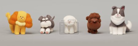 Photo for 3D cute puppies sitting in front view isolated on light grey background. - Royalty Free Image
