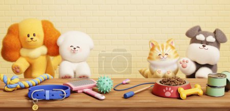 Photo for 3D Cute dogs and a cat waiting at the wooden table with pet products. - Royalty Free Image