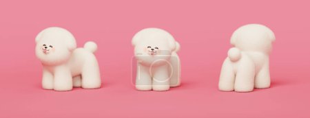 3D puffy bichon frise puppy standing in different angles on pink background