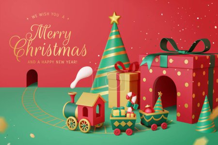 Téléchargez les illustrations : Illustration 3D d'un train de jouets traversant le tunnel à partir d'une boîte-cadeau rouge pointillée. Chapeaux de fête de Noël vert décorés comme des montagnes sur fond rouge - en licence libre de droit